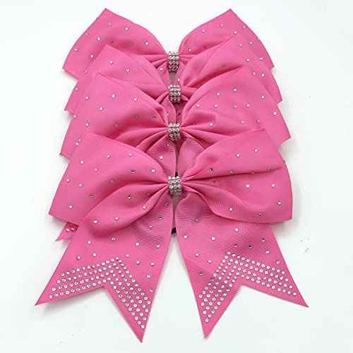 Hipcheer 12PCS 8" Rhinestones Large Cheer Hair Bows for Girls, Hand-made Grosgrain Ribbon Hair Accessories for Teen Girls Softball Cheerleader Sport (Hot Pink)