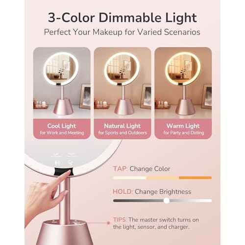 ULG 10X Magnifying Mirror with Light, Lighted Makeup Mirror with Magnification, 2AC + 3USB Charging Station 3 Colors Makeup Mirror Dimming 1500lux Bright Soft Light, Rose Gold