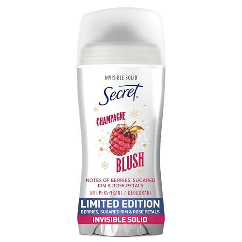 Secret Fresh Antiperspirant Deodorant for Women, 72hr Breathable Odor Protection with Pro-Hyaluronic Acid, Holiday Invisible Solid, Champagne Blush with Berries Sugared Rim & Rose Petals Scent, 2.6 oz