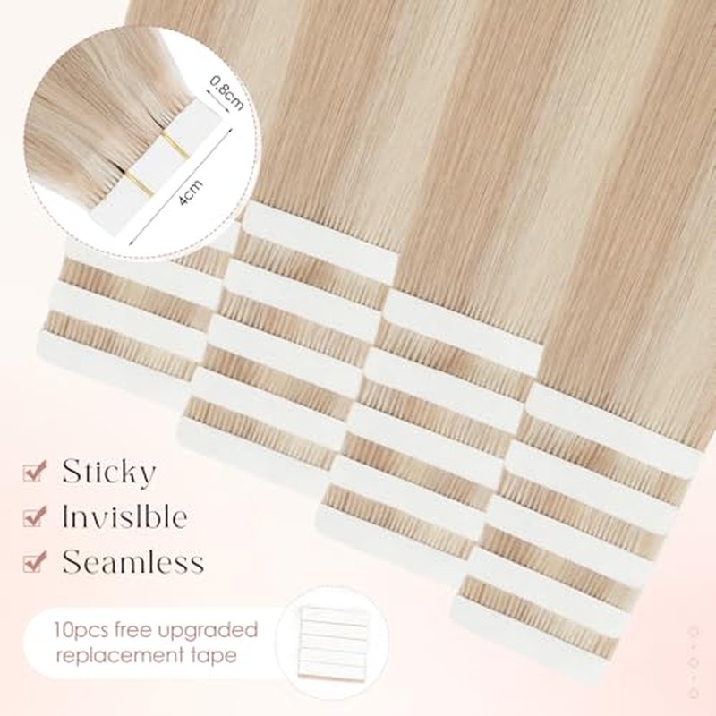 Human Hair Tape in Extensions-Double Stitched,SLEEKALON Free-cut Mini Tape ins Real Hair Extension Highlights Plae Blonde mix Brown Seamless Straight Double Side Tape Hair-20 Inch,20pcs 50g,#16P22