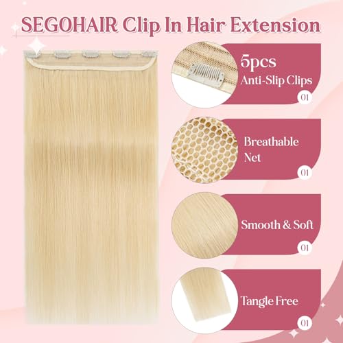 Clip In Hair Extensions for women One Piece 5 Clips Real Human Remy Hair Extension Long Straight Hairpieces for women 18 Inches #613 Bleach Blonde