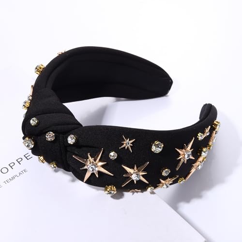 Rhinestone Crystal Jeweled Headband - Wide Top Knot Hairband for Women, Fashion Hair Accessory for Christmas, New Year Party Gift (black Star knot headband A)