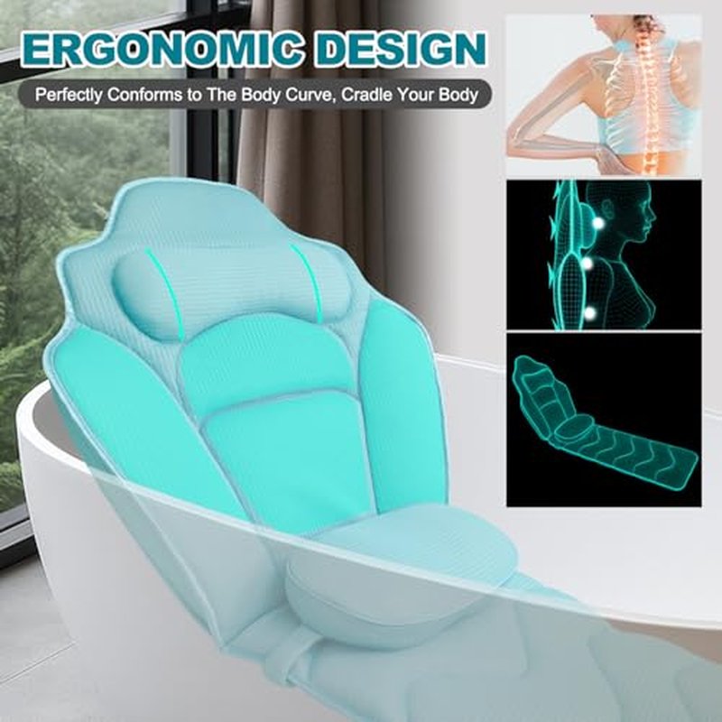 Full Body Bath Pillow for Bathtub - Extra Long 61¡¯¡¯ Bath Pillows for Tub, Ergonomic 4D Air Mesh Tub Pillow with Head, Neck & Lumbar Support, Bathtub Pillow Spa Cushion with Non-Slip Suction Cups