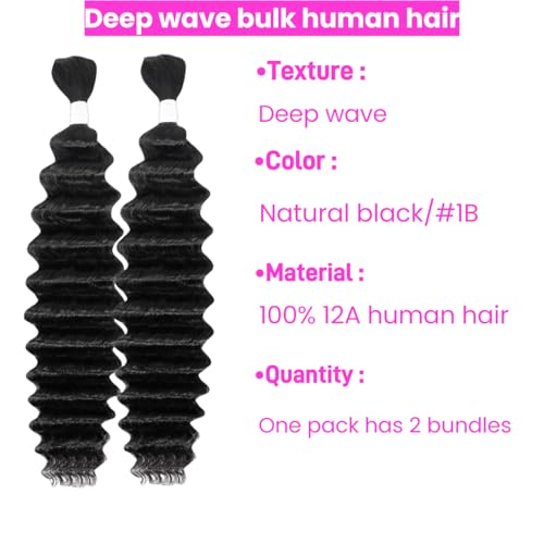 Deep Wave Human Braiding Hair 20Inch 2 Bundles 100g Bulk Human Hair for Braiding No Weft Human Braiding Hair for Boho Braids Wet and Wavy 100% Brazilian Virgin Curly Hair for Braiding Hair Extensions