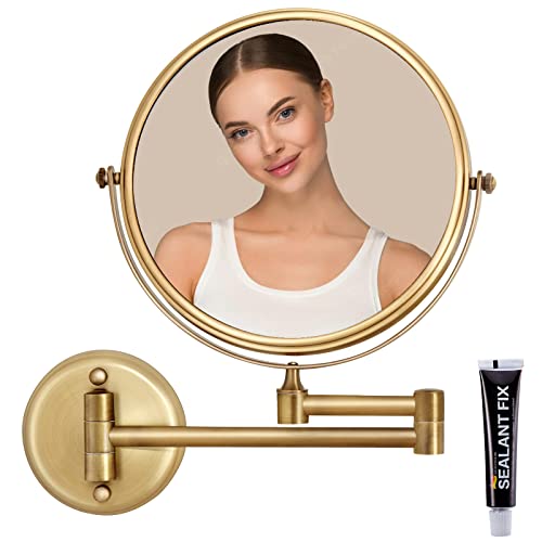 8 Inch Brass Bathroom Magnifying Mirror Wall Mounted 5X, 360 Swivel Extendable Arm Cosmetic Mirror, Home Bathroom Shaving Vanity Mirror, Brushed Antique Brass