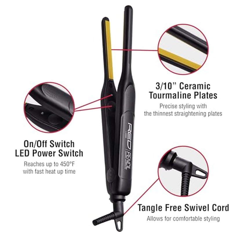 Kiss Red by Pencil Flat Iron Hair Straightener, 0.3 Inch, Ceramic