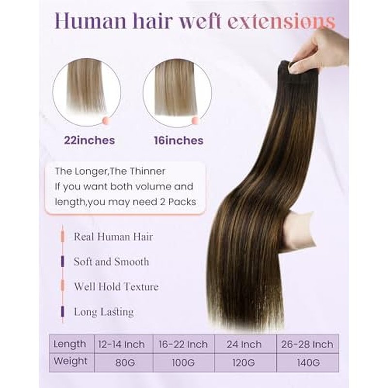 LaaVoo Sew in Hair Extensions Human Hair Balayage Brown Weft Hair Extensions Sew in Doble Weft Extensions Dark Brown Ombre Light Brown 20 Inch 100g