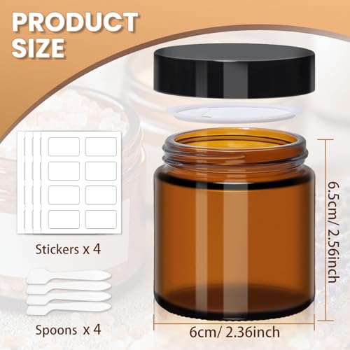 4 oz Amber Glass Jars with Lids - 32 Pack Brown Cosmetic Containers with Stickers & 4 Spoons, Wide-Round Smooth Mouth, Sealable for Creams, Essential Oils, Body Butter, Travel Samples