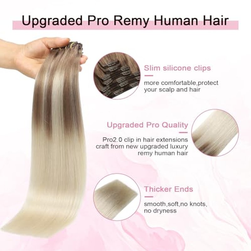 Pro2.0 Clip in Hair Extensions Real Human Hair 120g Thick 7pcs Color #8/60 Ash Brown to Platinum Blonde Remy Real Human Hair Extensions Clip ins 14inch Double Weft£¨#8/60-14inch£©