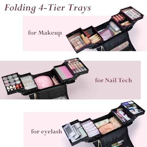 Large Travel Makeup Train Case, Big Makeup Bag Organizer Makeup Box,4 Tier Professional Cosmetic Storage Cases for Nail Tech Tattoo Storage Bag for Equipment and Supplies with luggage Sleeve