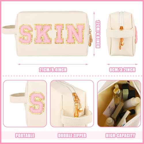 Sotiff 3 Pcs Preppy Patch Makeup Bag Hair Face Skin Cosmetic Bag Travel Toiletry Bag for Women Chenille Letters Patch Bag with Handle Waterproof Portable Preppy Purse Zipper Pouch for Girls