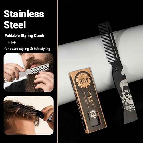Metal Hair Styling & Beard & Mustache Folding Pocket Comb, Multifunctional EDC Grooming Tool With Bottle Opener - Anti-Static for Outdool Travel & Daily Grooming - Black