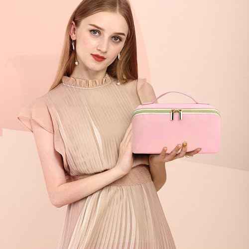 for Christmas Day Gifts, Makeup Bag for Women, PU Leather Travel Toiletry Bags, Initial Make Up Cosmetic Pouch for Teen Girls, Wide Open Portable Skincare Bag, Personalized Birthday Gifts, Pink