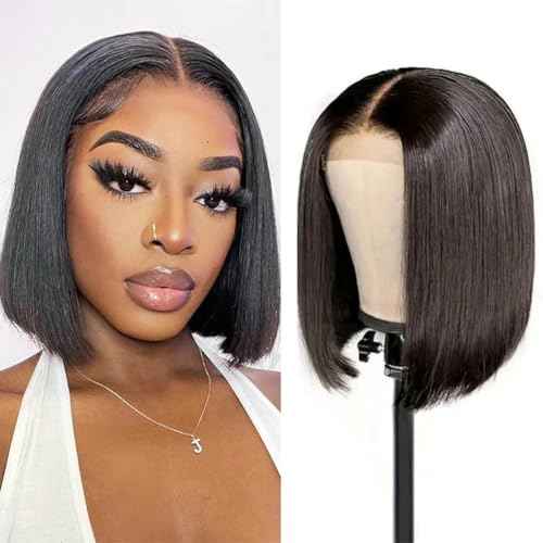 Short Bob Wig Human Hair Straight Bob Lace Front Wigs Human Hair for Women 180 Density Glueless Brazilian Virgin Human Hair Bob Wig 13x4 HD Transparent Lace Frontal Bob Wigs Natural Black 8 Inch
