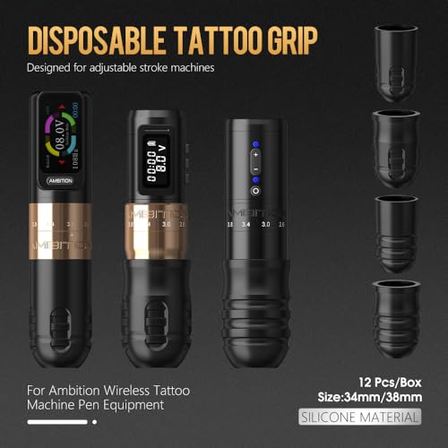 Ambition Mars-U P1 Disposable Tattoo Grips - 12Pcs 38MM Professional Tattoo Rubber Grip Cover with Click Adjust System Supply for Rotary Mars-U, Seher & Paco Tattoo Pen Machine Gun