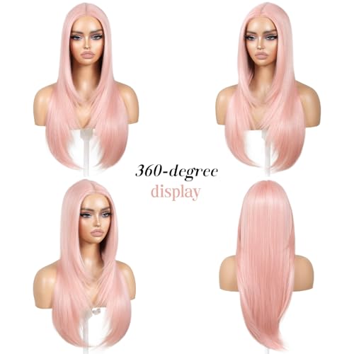 Light Pink Wear and Go Glueless Wig with Bangs Pink Wigs for Women Layered Synthetic Lace Front Wig Pre Plucked Pre Cut Ready to Wear 13x5x1 HD Lace Middle Part 26 Inch
