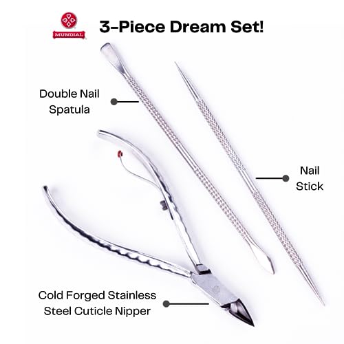 Mundial Nail Care 3 Piece Set - Professional Stainless Steel Cuticle Nippers with Double Nail Spatula and Pusher, Manicure, and Pedicure Trimmer Kit
