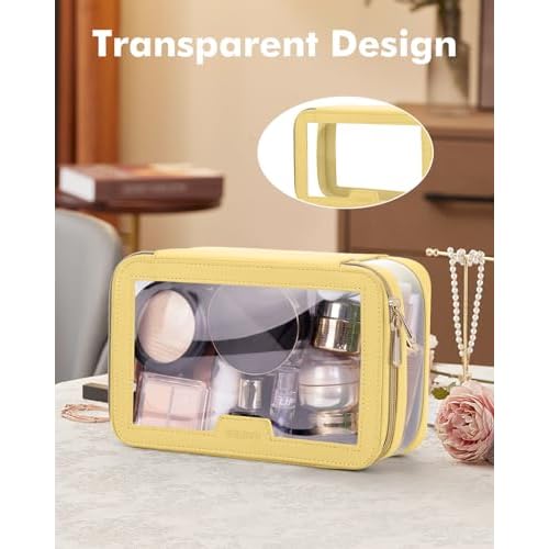 Travel Clear Makeup Bag with Makeup Brush Bag, Leather Makeup Case Toiletry Bag, Portable Cosmetic Bag Case, Transparent Waterproof Cosmetic Organizer Storage Bag for Women, Yellow