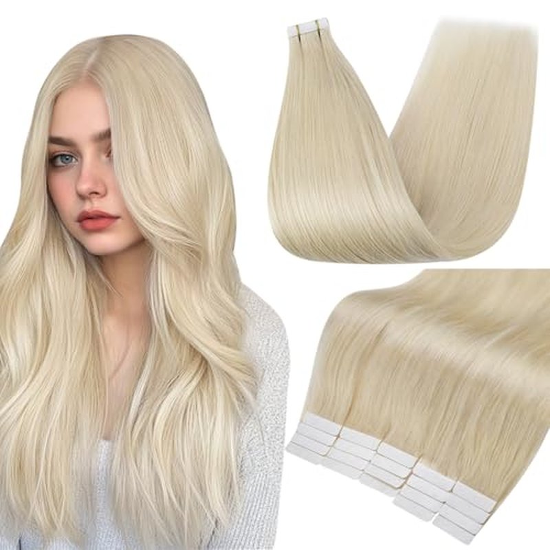 Full Shine Tape in Extensions Human Hair 24 Inch Color 60 Platinum Blonde Seamless Double Sided Tape Ins Human Hair Extensions for Thin Hair 20 PCS Invisible Brazilian 50g for Women