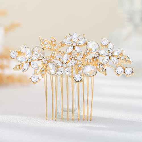 Olbye Rhinestone Crystal Bridal Headpiece - Flower Hair Comb, Clips for Brides, Bridesmaids, and Women (Gold)