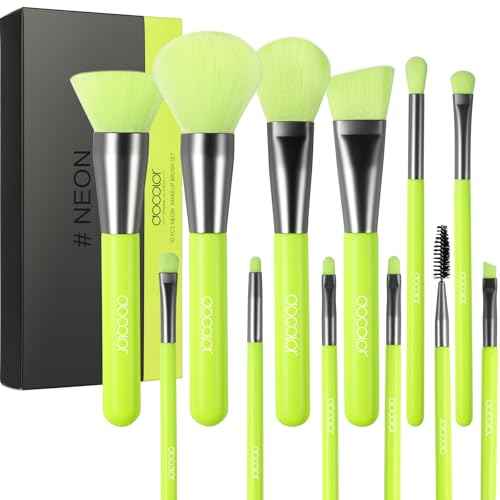 Docolor Makeup Brushes 10Pcs Makeup Brush Set Premium Synthetic Powder Kabuki Foundation Contour Blush Concealer Eye Shadow Blending Liner Make Up Brush Kit - Neon Green