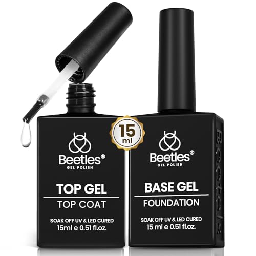 Beetles No Wipe Gel Top Coat and Base Coat Set for Gel Nail Polish - 2Pcs 15ml Super Shiny and Long Lasting Soak Off UV/LED Lamp Needed, Christmas Nail Art Design Gift