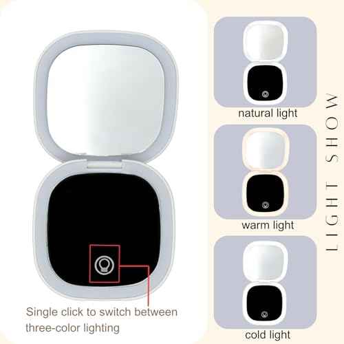 Makeup Mirror with Lights - Dual-Sided White LED Pocket Mirror, 1X/5X Magnifying Travel Mirror, 3 Light Modes, Rechargeable Handheld Mirror for On-The-Go Makeup, Grooming, and Gifts