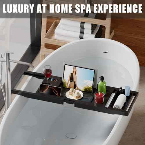 Foldable Bathtub Caddy Tray for Tub,Bamboo Expandable Bath Table Trays,Premium Bathroom Accessories for New Home & Mothers Day & Birthday Gifts for Couples,Black