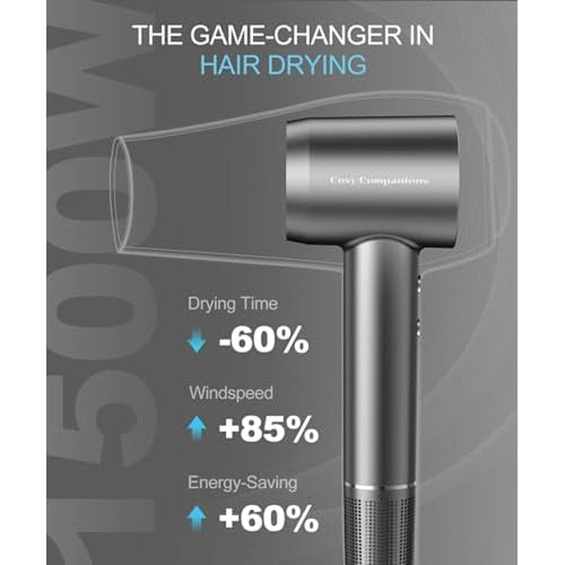 Hair Dryer - Negative Ionic Blow Dryer with 150000 RPM High Speed Brushless Motor for Fast Drying, Low Noise, HD Display Hair Dryer with Diffuser and Nozzle, 5 Temps & 2 Speeds