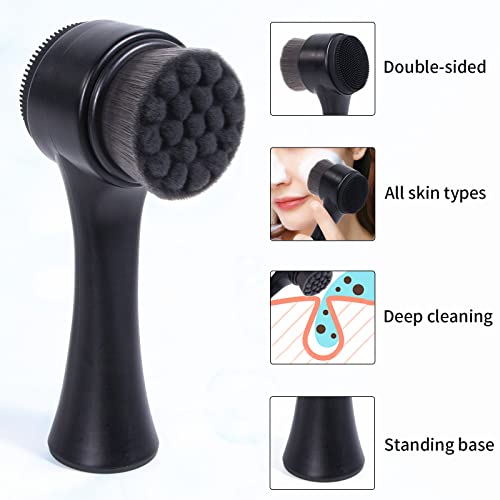 Face Brush 2 in 1, Facial Cleansing Exfoliating Scrubber Brush, Silicone Double Side Manual Face Wash Scrub Brush with Soft Bamboo Charcoal Fiber for Deep Pore Cleansing, Massaging, Skin Care