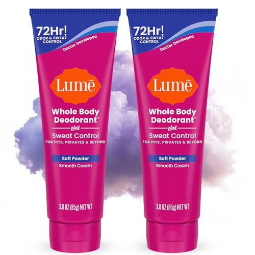 Lume Whole Body Deodorant Plus Sweat Control - Smooth Cream Tube - 72 Hour Odor And Sweat Control - Baking Soda Free, Skin Loving - 3.0 ounce (Pack of 2) (Soft Powder)