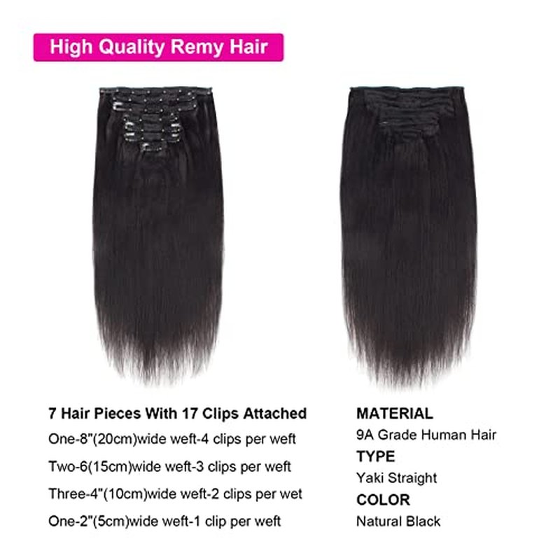 Lovrio Light Yaki Straight Clip in Human Hair Extensions Double Weft Straight Clip in Hair Extensions Human Hair for Black Real Thick 22 Inch Natural Black Yaki Clip ins Hair120G 7 Pieces, 17 Clips