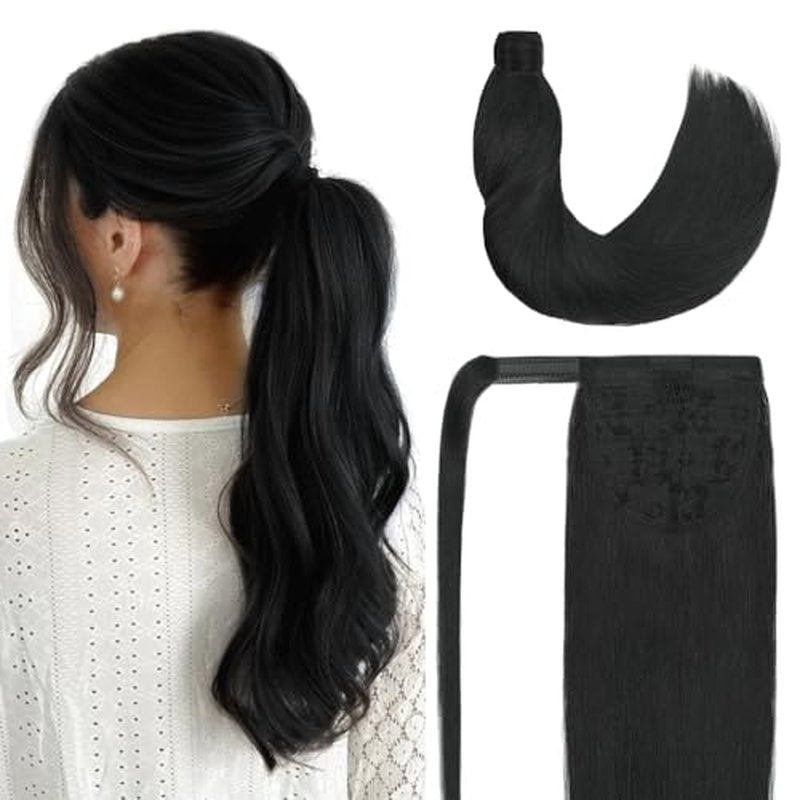 Ponytail Extension Human Hair 20 Inch Natural Black Silky Straight Clip in Pony Tails Hair Extensions Real Hair Wrap Around Ponytail Hair Piece for Girls(20 Inch Natural Black #1B 95G)
