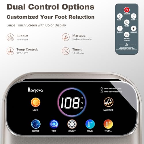 Foot Spa Electric Rotary Massage, with Touchscreen Pro Color Display, Collapsible Foot Bath with Heat, Bubble,Remote Control, Temp Control, and 24 Motorized Shiatsu Massage Balls (Dark Grey)
