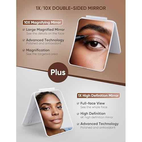 Travel Makeup Mirror with 1X/10X Magnifying, Portable Folding Make Up Tabletop Mirror for Office, Compact Vanity Mirror for Travel (Pearl White, No LED Lights)