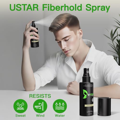 Hair Building Fibers Set, USTAR 5 in 1 Hair Fibers for Thinning Hair with Hair Fiber Spray, Natural Hair Filler for Hair Loss Instantly Thicker, Fuller Look, Hair Powder for Men & Women 77.5g (Black)