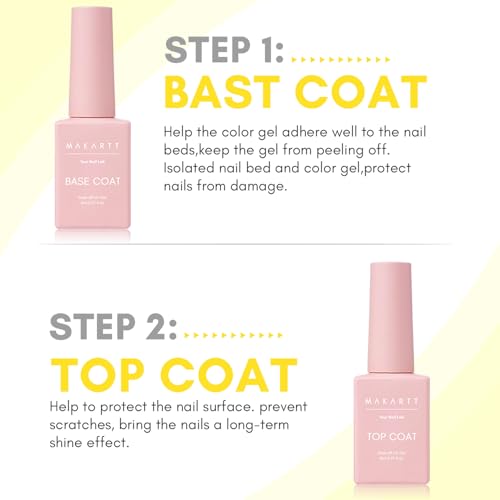 Makartt Gel Top Coat and Base Coat Kit: Clear Gloss Shiny No Wipe Stain Resistant General Top Coat Nail Polish UV and Primer for Acrylic Nails Dip Powder Gel Nail Polish Beauty Gift