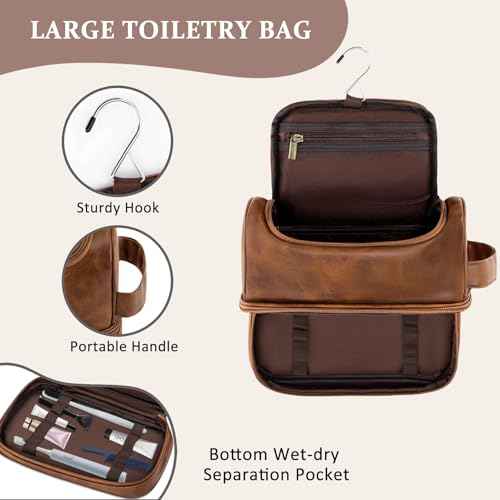 Personalized Gifts Travel Toiletry Bag for Men Him, Laser-Engraved Initial PU Leather Waterproof Shaving Bag Christmas Birthday Gift for Men Dad Husband Boyfriend Groomsmen, Light Brown M
