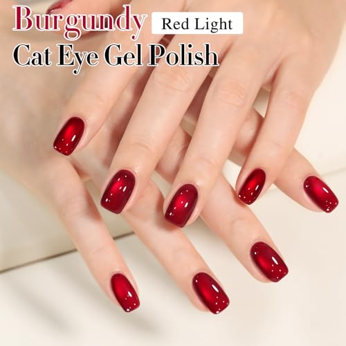 Double Rhythm Jelly Glass Cat Eye Gel Polish with Magnet 15ML Holographic Glitter Shimmer Translucent Sheer Color Magnetic Nail Polish Salon DIY at Home (Red-MC1116)