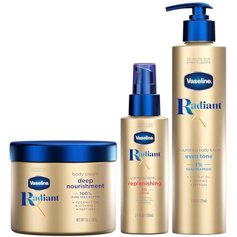 Vaseline Radiant X Skin Care Set ??Even Tone Nourishing Body Lotion with 1% Niacinamide, Deep Nourishment Body Cream with Vitamin C + Hydrating Body Oil with Vitamin E (3 Piece Set)