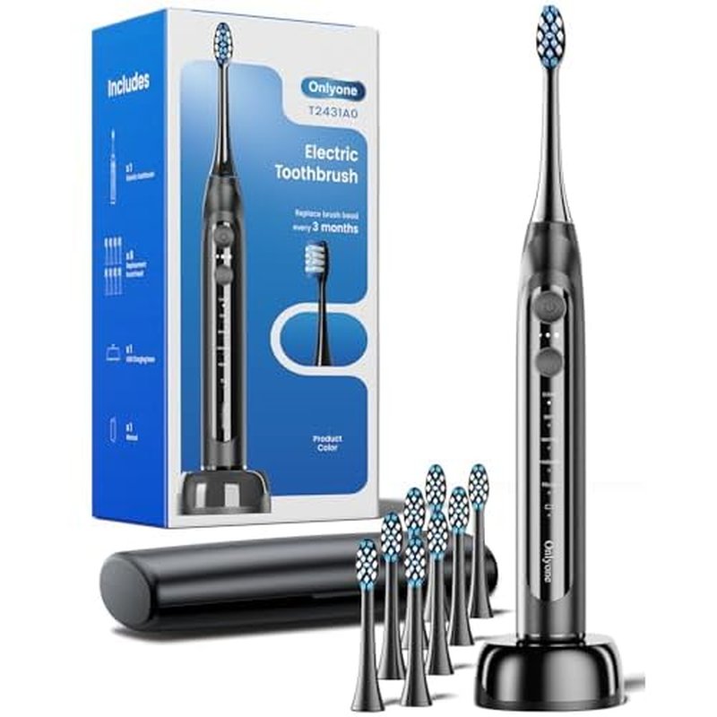 Onlyone Sonic Electric Toothbrush for Adults, Rechargeable Ultrasonic Electric Toothbrush with 8 Brush Heads, Travel Case, Charging Base & Wireless Charging - 5 Modes with Smart Timer