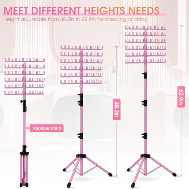 Klvied Braiding Hair Rack Standing 144 Pegs, Heavy Duty Hair Racks for Braiders Standing, Hair Divider Rack for Braiding Hair Separator, Braiding Rack with Carrying Bag and Hair Braiding Tools, Pink