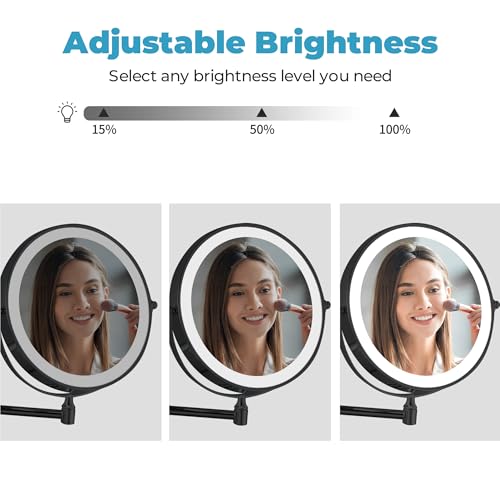 Fab Glass and Mirror Rechargeable 8" Lighted Vanity Makeup Mirror, Dual-Sided 1X/10X Magnification with 3 Color LED Touch Control, Dimmable & Rotating Wall Mounted Design (Black)