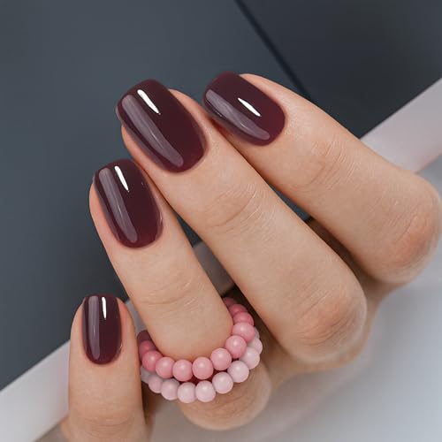 Curvlife Press on Nails Acrylic Fake Nails with Short Square Wine red Design Full Cover False Nails Reusable Nail Kit with Nail Glue Adhesive Tabs Glue on Nails