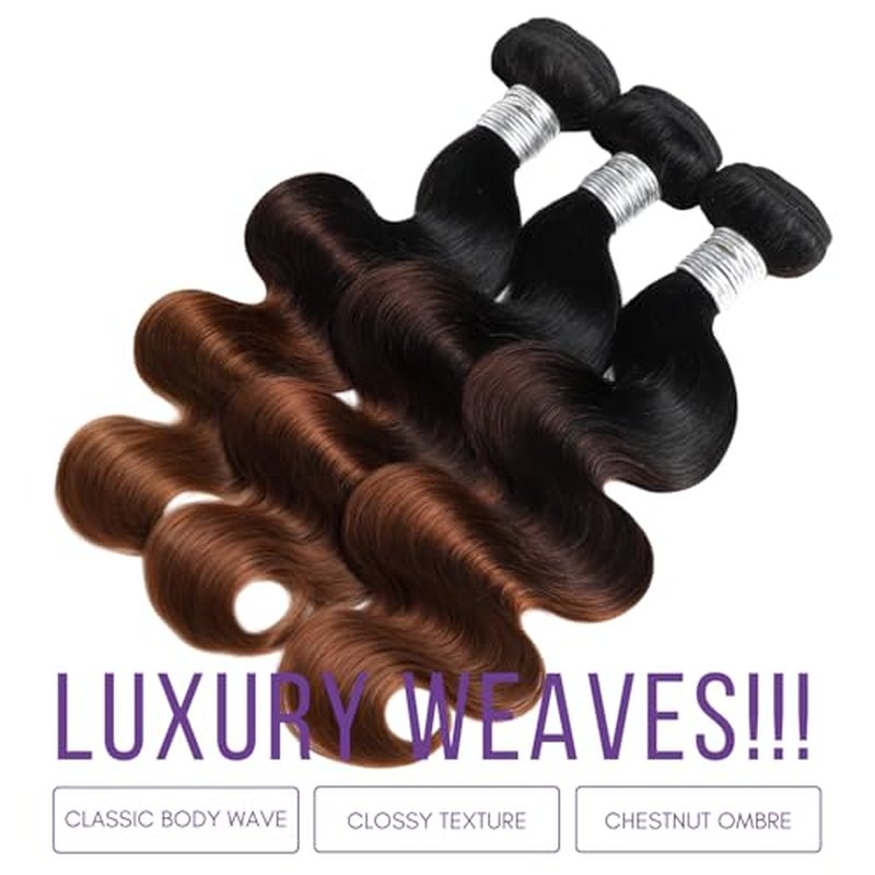Chestnut Brown Ombre Body Wave 3 Bundles with 2x6 Hd Lace Closure Human Hair 10 12 14+10, 12A Bundles with Kim K Closure Long Deep Parting #T1B/2/30 3 Tone Medium Brown Colored Sew In Extension