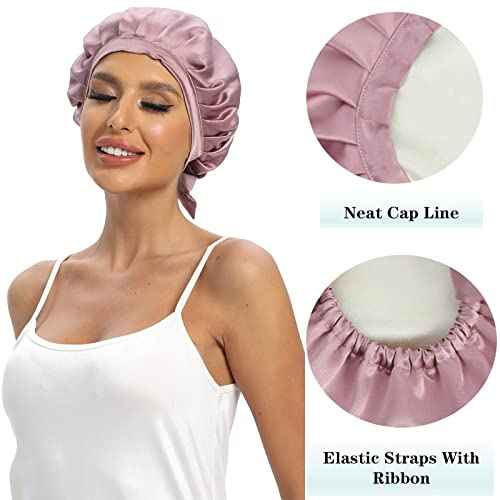 Cocheng 100% Mulberry Silk Bonnet Double-Sided Sleep Cap with Adjustable Ribbon 19 Momme Silk Bonnet for Sleeping (Bean Pink)