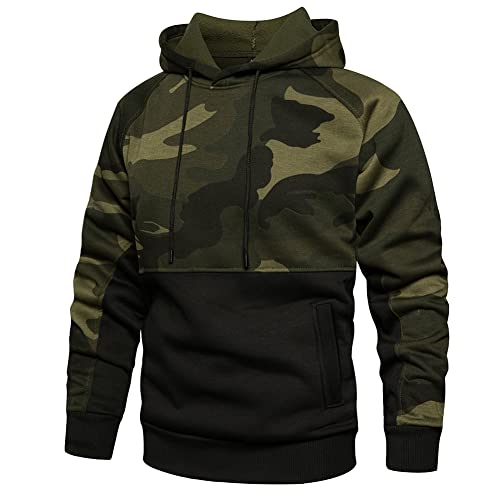 DUOFIER Mens Active Gym Camouflage Fleece Pullover Hooded with Kangaroo Pocket, Camo Black-XL