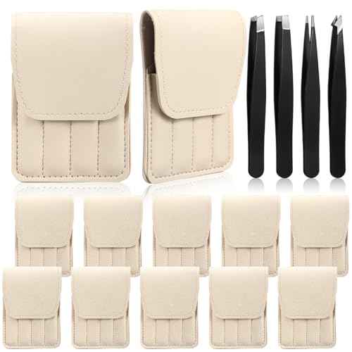 Lasnten 12 Sets Eyebrow Tweezers Set and Curved Scissors, 4 in 1 Professional Stainless Steel Tweezers for Women and Men, Splinter and Ingrown Hair Removal with Travel Case(Beige)