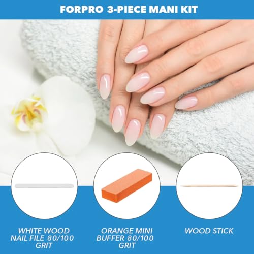 ForPro 3-Piece Mani Kit, 100-Count, Individually-Packed Manicure Set, White Wood Nail File 80/100 Grit, Orange Mini Buffer 80/100 Grit, Wood Stick