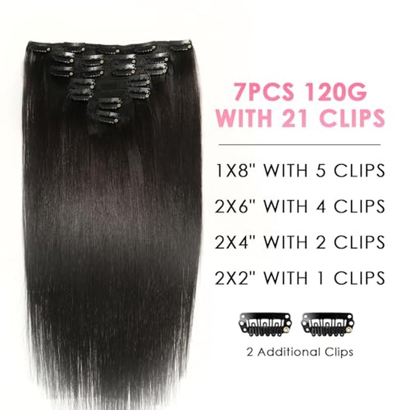 WOWANGEL Clip in Hair Extensions Human Hair,14" Seamless Clip Ins No Damage,7pcs 120g Remy Hair Reusable for Daily Styling,Weddings,Events,Natural Black (1B)